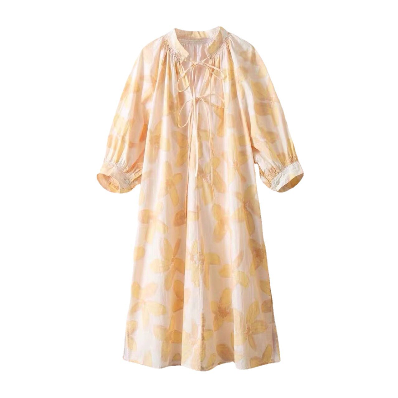 Hainan Sanya beach dress, yellow iris floral print dress, loose mid-length dress for seaside vacation Item Picture
